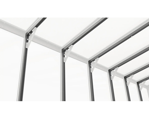 Innenansicht einer Gewächshauskonstruktion mit stabilen Verstrebungen und Aluminiumprofilen.
