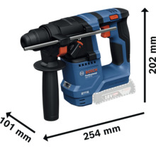 Bosch Professional Akku-Bohrhammer GBH 18V-18 mit Maßen: 254 Millimeter Länge, 202 Millimeter Höhe und 101 Millimeter Breite.