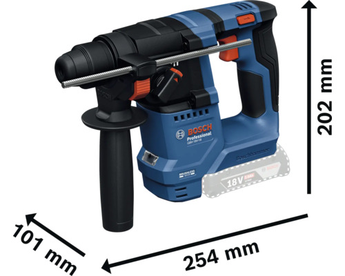 Bosch Professional Akku-Bohrhammer GBH 18V-18 mit Maßen: 254 Millimeter Länge, 202 Millimeter Höhe und 101 Millimeter Breite.
