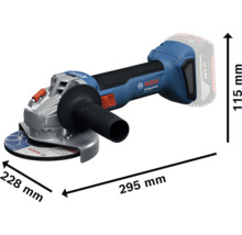 Bosch Professional Akku-Winkelschleifer mit Maßen: Länge 295 Millimeter, Breite 228 Millimeter, Höhe 115 Millimeter.
