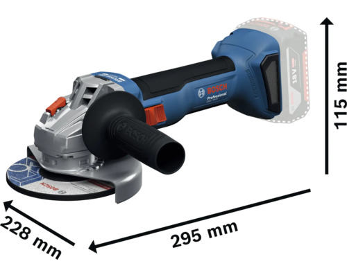 Bosch Professional Akku-Winkelschleifer mit Maßen: Länge 295 Millimeter, Breite 228 Millimeter, Höhe 115 Millimeter.