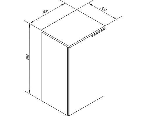 Maßzeichnung Badezimmerschrank mit Höhe 696 Millimeter, Breite 404 Millimeter und Tiefe 320 Millimeter.