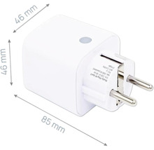 Shelly Plug M Gen3 Zwischenstecker mit den Maßen 46 Millimeter mal 46 Millimeter mal 85 Millimeter.