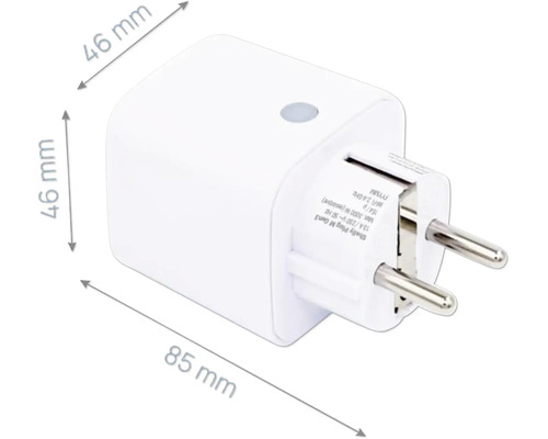 Shelly Plug M Gen3 Zwischenstecker mit den Maßen 46 Millimeter mal 46 Millimeter mal 85 Millimeter.