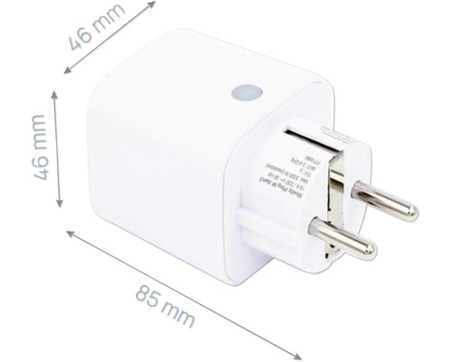 Weißer smarter Zwischenstecker mit den Maßen 46 Millimeter Höhe, 46 Millimeter Breite und 85 Millimeter Tiefe.