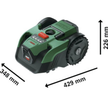 Bosch Mähroboter mit Maßen: Länge 429 Millimeter, Breite 348 Millimeter und Höhe 226 Millimeter.