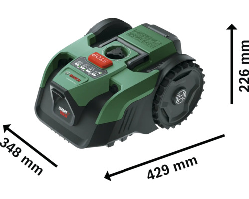 Bosch Mähroboter mit Maßen: Länge 429 Millimeter, Breite 348 Millimeter und Höhe 226 Millimeter.
