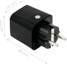 Smarter Zwischenstecker in Schwarz, 46 Millimeter mal 46 Millimeter mal 85 Millimeter.