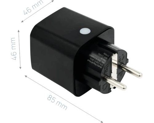 Smarter Zwischenstecker in Schwarz, 46 Millimeter mal 46 Millimeter mal 85 Millimeter.