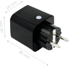 Schwarze smarte WLAN-Steckdose mit den Maßen 46 Millimeter mal 46 Millimeter mal 85 Millimeter.