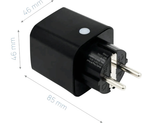 Schwarze smarte WLAN-Steckdose mit den Maßen 46 Millimeter mal 46 Millimeter mal 85 Millimeter.