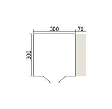 Technische Zeichnung eines quadratischen Grundrisses mit den Maßen 300 Zentimeter mal 300 Zentimeter und einem seitlichen Anbau von 76 Zentimetern.