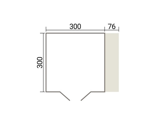 Technische Zeichnung eines quadratischen Grundrisses mit den Maßen 300 Zentimeter mal 300 Zentimeter und einem seitlichen Anbau von 76 Zentimetern.