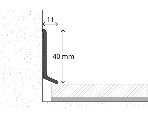 Querschnitt einer Sockelleiste mit einer Höhe von 40 Millimeter und einer Breite von 11 Millimeter.