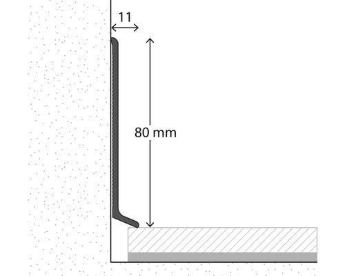Schnittzeichnung einer Sockelleiste mit einer Höhe von 80 Millimeter und einer Breite von 11 Millimeter an Wand und Boden.