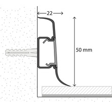 Technische Zeichnung einer Sockelleiste mit 50 Millimeter Höhe und 22 Millimeter Tiefe inklusive Wandmontage mit Dübel.