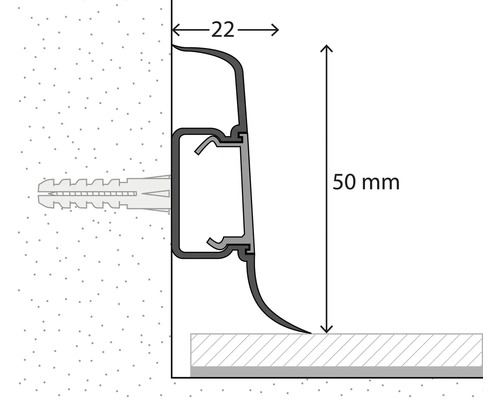 Technische Zeichnung einer Sockelleiste mit 50 Millimeter Höhe und 22 Millimeter Tiefe inklusive Wandmontage mit Dübel.