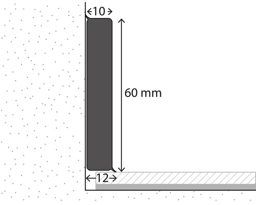 Profilzeichnung einer Sockelleiste mit Maßen: Höhe 60 Millimeter, obere Stärke 10 Millimeter, untere Stärke 12 Millimeter.