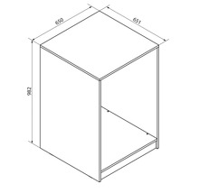Strichzeichnung eines Schranks mit den Maßen: Höhe 982 Millimeter, Breite 651 Millimeter, Tiefe 650 Millimeter.