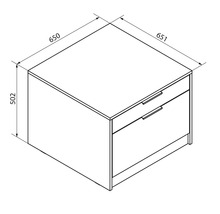 Maßskizze für einen Unterschrank mit zwei Schubladen: Breite 650 Millimeter, Tiefe 651 Millimeter, Höhe 502 Millimeter.