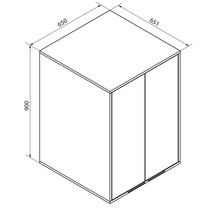 Maßskizze für einen Schrank mit den Maßen 900 Millimeter Höhe, 650 Millimeter Tiefe und 651 Millimeter Breite.