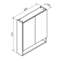 Maßzeichnung eines Spiegelschranks: Breite 600 Millimeter, Höhe 718 Millimeter und Tiefe 154 Millimeter.