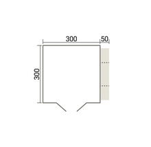 Technische Zeichnung mit Maßangaben für eine quadratische Konstruktion von 300 mal 300 Zentimetern mit einem 50 Zentimeter breiten Anbauelement.
