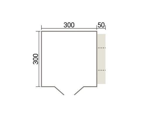 Technische Zeichnung mit Maßangaben für eine quadratische Konstruktion von 300 mal 300 Zentimetern mit einem 50 Zentimeter breiten Anbauelement.