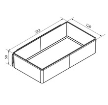 Technische Zeichnung einer rechteckigen Ordnungsbox mit den Maßen: Länge 222 Millimeter, Breite 129 Millimeter, Höhe 50 Millimeter.