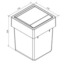 Technische Zeichnung eines Abfalleimers mit den Maßen 176 Millimeter mal 174 Millimeter mal 229 Millimeter.