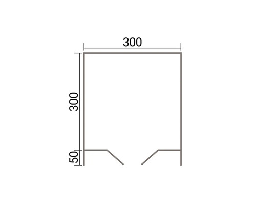 Technische Zeichnung eines quadratischen Elements mit Maßangaben in Millimetern von 300 mal 350 Millimetern.