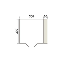 Schematische Darstellung eines Grundrisses mit Maßen von 300 Zentimeter mal 300 Zentimeter zuzüglich eines 50 Zentimeter Abschnitts.