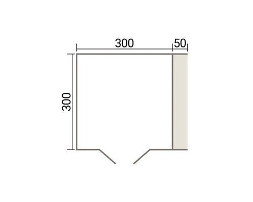Schematische Darstellung eines Grundrisses mit Maßen von 300 Zentimeter mal 300 Zentimeter zuzüglich eines 50 Zentimeter Abschnitts.