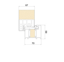 Technische Zeichnung eines Fensterprofils mit den Maßen 67 Millimeter, 59 Millimeter und 70 Millimeter, Darstellung des Mehrkammersystems.