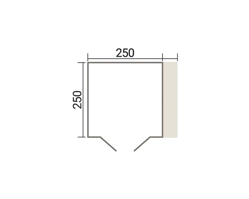 Skizze mit Maßen für einen quadratischen Grundriss von 250 mal 250 Zentimeter mit einer Eingangsöffnung.