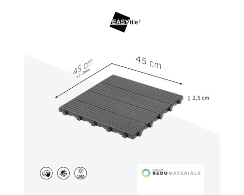 EASYtile Terrassenfliese mit Klicksystem, 45 mal 45 Zentimeter, Höhe 2,5 Zentimeter, wetterfest und UV-beständig. EASYtile Logo.