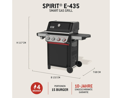 Weber Spirit E-435 Smart Gasgrill, 4 Brenner, für 15 Burger, Höhe 117 Zentimeter, Breite 132 Zentimeter, Tiefe 68 Zentimeter, 10 Jahre Garantie.