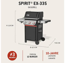 Weber Gasgrill Spirit EX-335, 3 Brenner, Breite 123 Zentimeter, Höhe 118 Zentimeter, Tiefe 65 Zentimeter, Platz für 12 Burger.