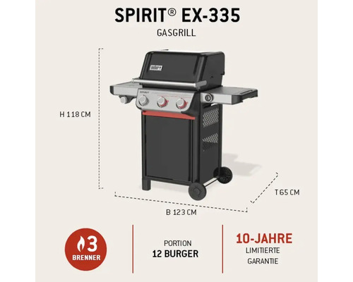 Weber Gasgrill Spirit EX-335, 3 Brenner, Breite 123 Zentimeter, Höhe 118 Zentimeter, Tiefe 65 Zentimeter, Platz für 12 Burger.