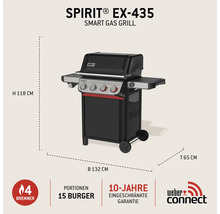 Weber Spirit EX-435 Smart Gasgrill mit 4 Brennern, Maße: Höhe 118 Zentimeter, Breite 132 Zentimeter, Tiefe 65 Zentimeter. Kapazität für 15 Burger.