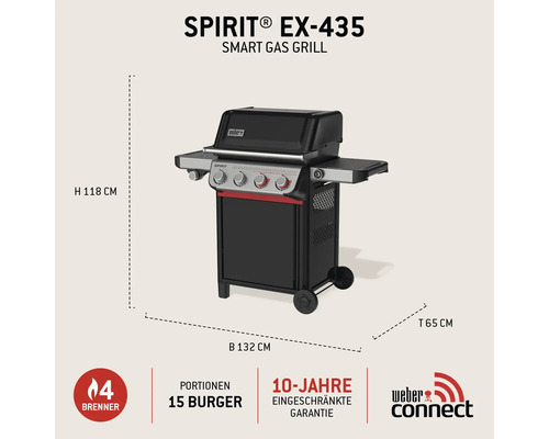 Weber Spirit EX-435 Smart Gasgrill mit 4 Brennern, Maße: Höhe 118 Zentimeter, Breite 132 Zentimeter, Tiefe 65 Zentimeter. Kapazität für 15 Burger.