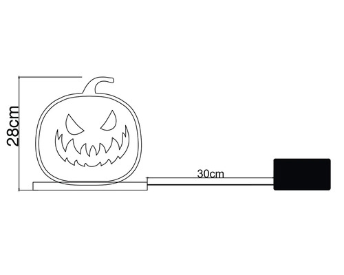 Maßskizze Halloween-Kürbis Dekoration mit einer Höhe von 28 Zentimeter und einer Kabellänge von 30 Zentimeter.
