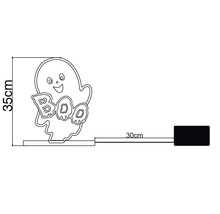 Halloween-Dekoration Geist mit Schriftzug Boo, Höhe 35 Zentimeter, Zuleitung 30 Zentimeter.