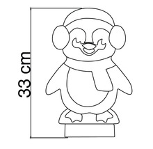 Maßzeichnung eines Dekopinguins mit Mütze, Ohrenschützern und Schal, Höhe 33 Zentimeter.