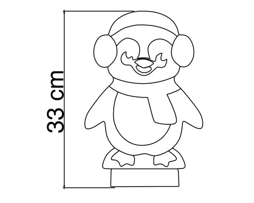 Maßzeichnung eines Dekopinguins mit Mütze, Ohrenschützern und Schal, Höhe 33 Zentimeter.