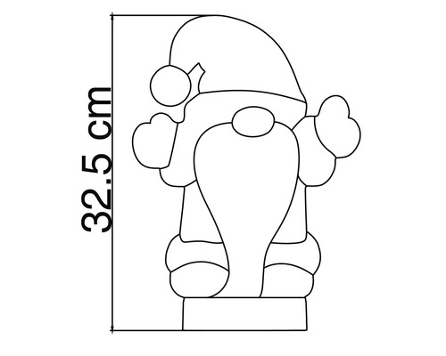 Umrisszeichnung eines Weihnachtswichtels mit einer Höhe von 32,5 Zentimetern.