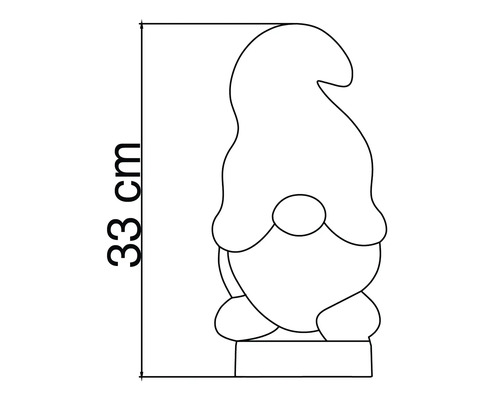 Umrisszeichnung eines Gartenzwergs mit einer Höhenangabe von 33 Zentimetern.