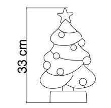 Schematische Zeichnung eines Weihnachtsbaums mit Stern und Kugeln, Höhe 33 Zentimeter.