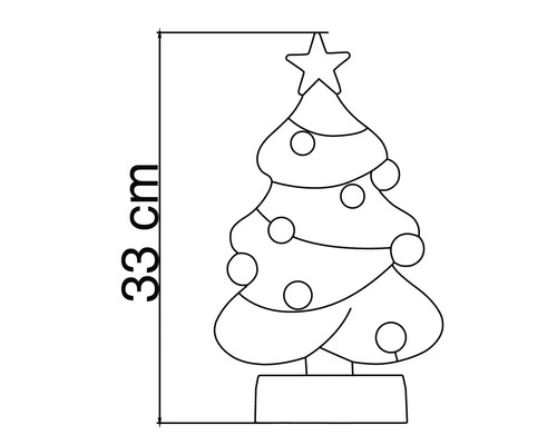 Schematische Zeichnung eines Weihnachtsbaums mit Stern und Kugeln, Höhe 33 Zentimeter.