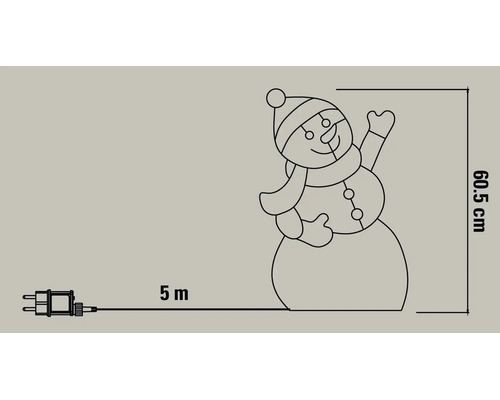 Skizze einer Schneemann-Weihnachtsfigur mit einer Höhe von 60,5 Zentimetern und einer Kabellänge von 5 Metern.